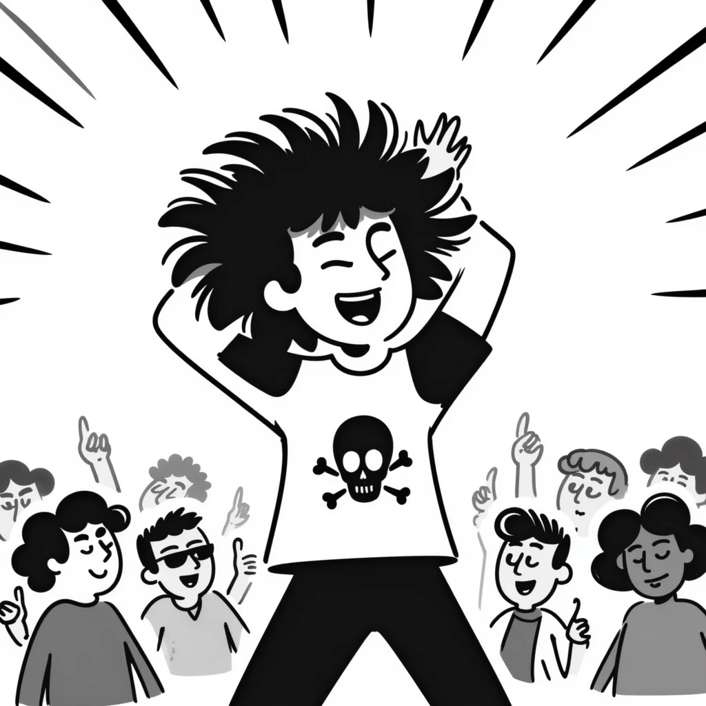 A person enthusiastically headbanging at a concert, wearing a band shirt with wild hair flying emoji