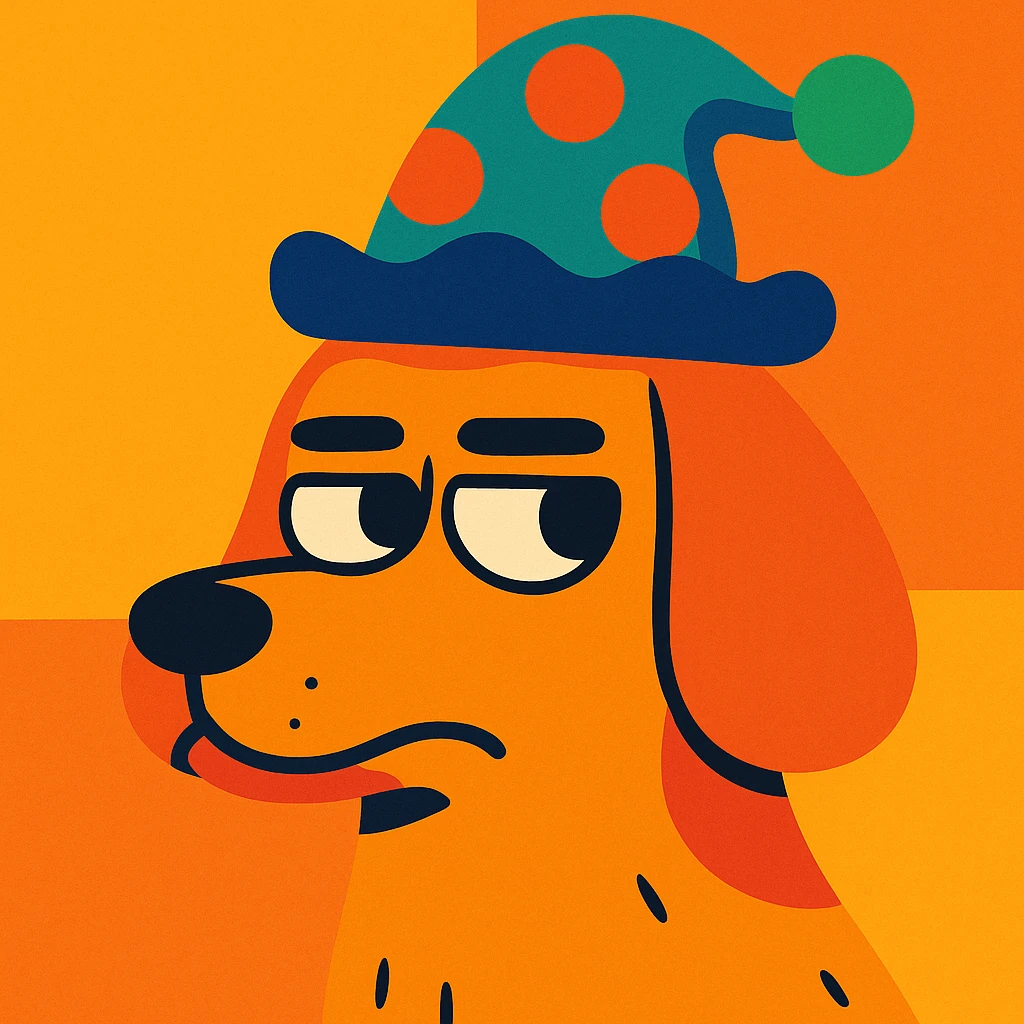 a dog giving a side eye, wearing a whimsical hat, lighthearted illustration, vibrant colors emoji