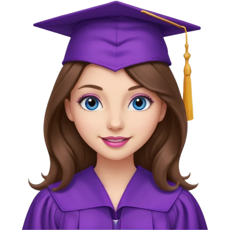 girl with gorgeous lightly curled long brown hair, blue eyes, long lashes makeup, sexy pink lips, wearing a purple graduation cap and gown emoji