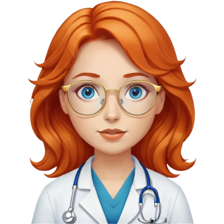 Girl doctor wavy orange red hair blue eyes in gold glasses  emoji