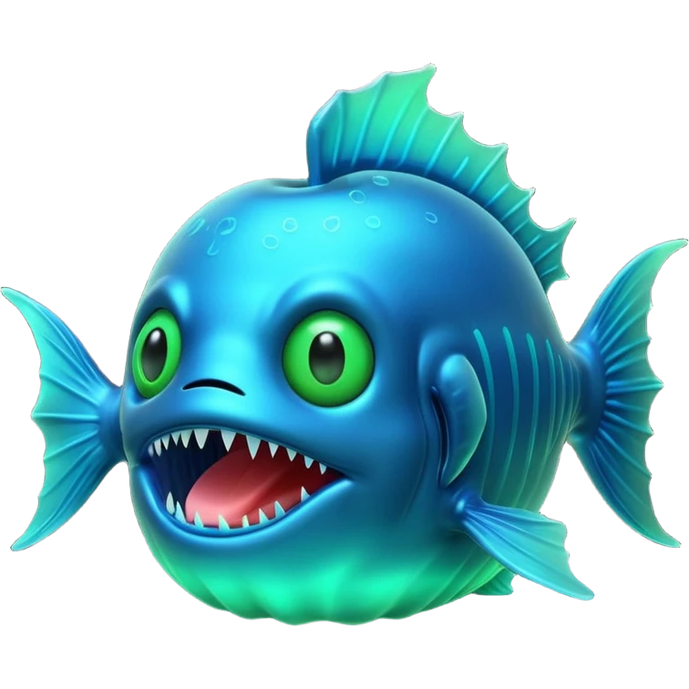 3D render of Anglerfish, bioluminescent deep sea style, glowing neon blue and green lights, dark background to contrast the glow, translucent organic textures, Apple emoji style, 3D render --v 6.0 emoji