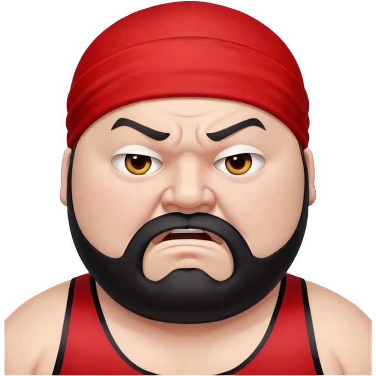 Extreme close-up of face of morbidly obese white skin guy with young face, prominent BLACK DURAG tied clearly on head, black beard but no mustache, clean shaven upper lip, black eyes in a red and black wrestling singlet with angry expression emoji
