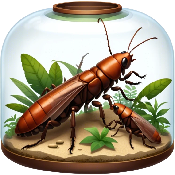 Close-up of giant Madagascar hissing cockroaches, butterflies, and stick insects inside a terrarium, with detailed textures of their bodies, wings, and legs. Soft lighting highlights their features. Transparent background. emoji
