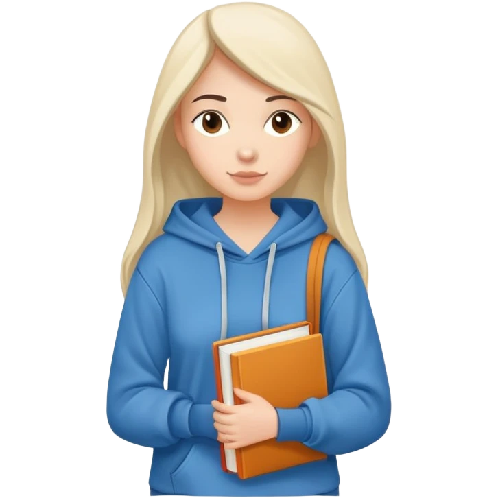 A flat-style illustration of a woman college student with a tote bag over her shoulder and a book in one hand. The student wears a hoodie. Clean cartoon style, white background, iOS emoji aesthetic. emoji