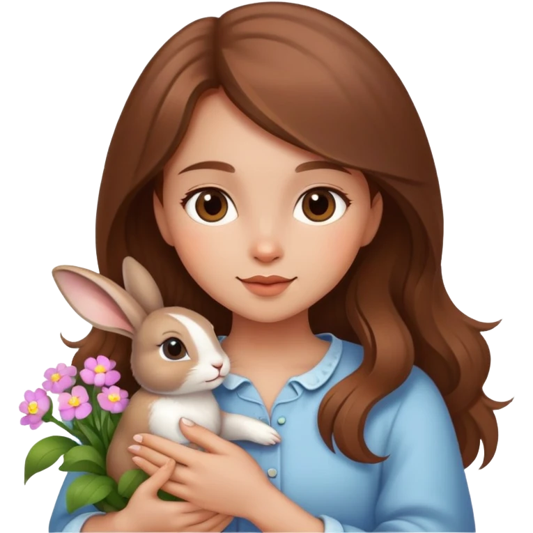 A beautiful brown-haired girl holding a little rabbit in the flowers emoji