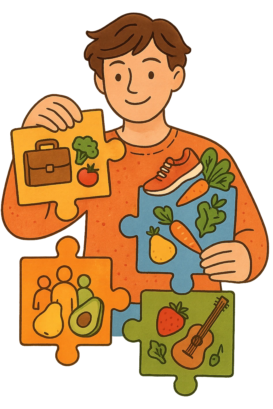 a person is surrounded by puzzle pieces, each representing a different aspect of their life (work, exercise, family, leisure), and healthy foods are integrated into each piece. The person assembles the puzzle, creating a complete, personalized nutrition plan. The mood is uplifting and creative. in italiano emoji