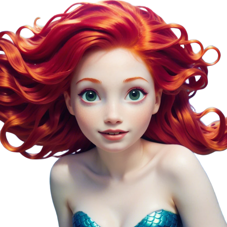 Cinematic Realistic Red Hair Mermaid Portrait, head tilted dramatically with an exaggeratedly amused expression, featuring a striking, vibrant form with meticulously detailed, flowing red hair and luminous porcelain skin. Her expressive eyes burst with playful marine mischief, rendered with dynamic underwater lighting and vibrant textures that convey an air of cheeky oceanic whimsy and over‐the‐top mermaid charm. emoji