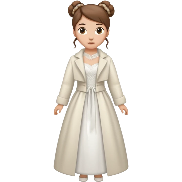 chica blanca, pelo castaño, pelo recogido con mondongos, vestido novia , con abrigo ,cuerpo entero emoji
