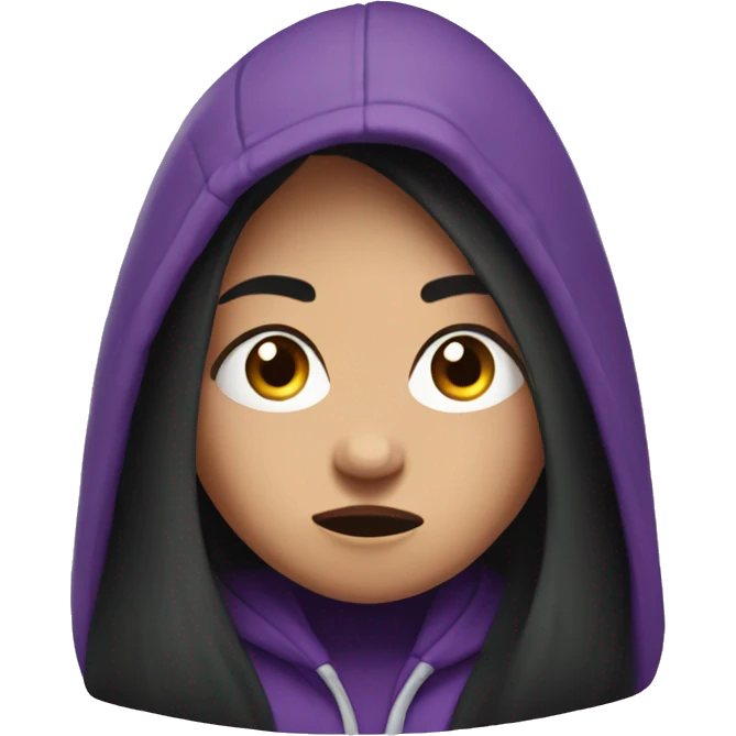girl with long black hair, purple eyes, and purple hoodie looking scared emoji