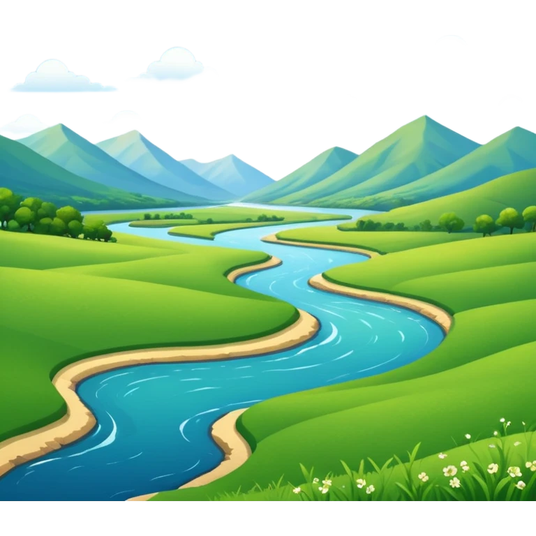 lush green meadow and blue river, clear sky, no mountains emoji