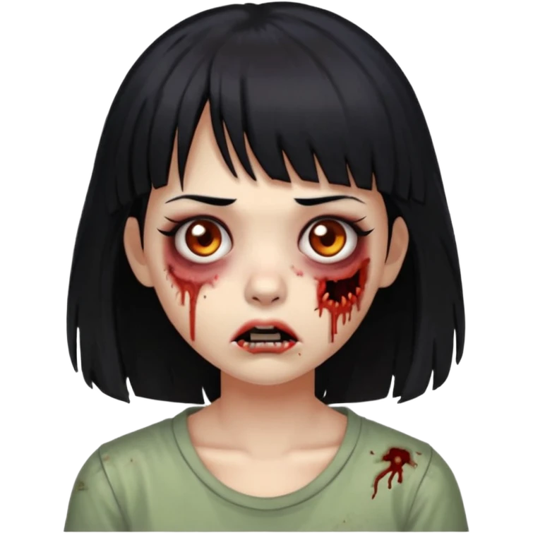 Faça uma zumbi menina com franja cabelo meio comprido abaixo do ombro preto e também com um olhar de cansaço emoji
