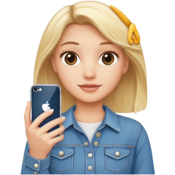 A blonde pretty girl wearing a denim skirt holding an iPhone 16 emoji