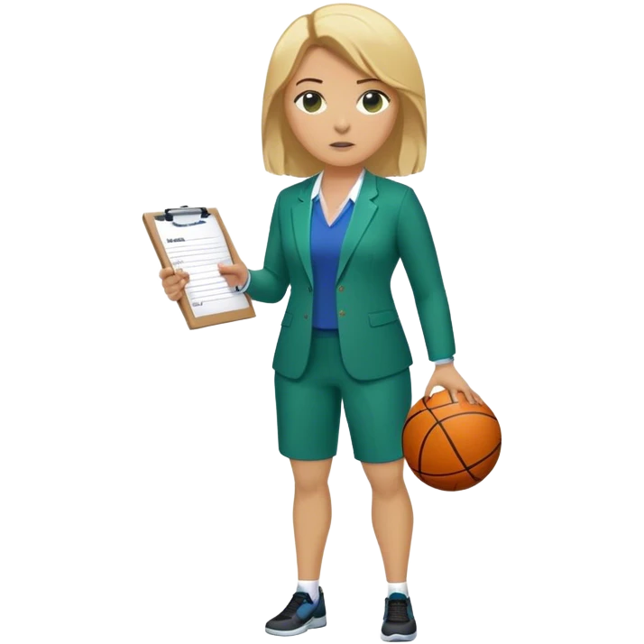 Full Body white plus size female basketball head coach using a clipboard with medium length blonde hair in a blue and green suit emoji
