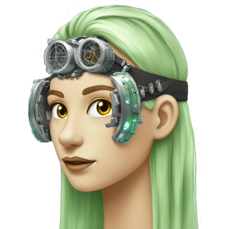 Light green long hair female cyborg head with silver steampunk goggles as a headband, circuits emoji