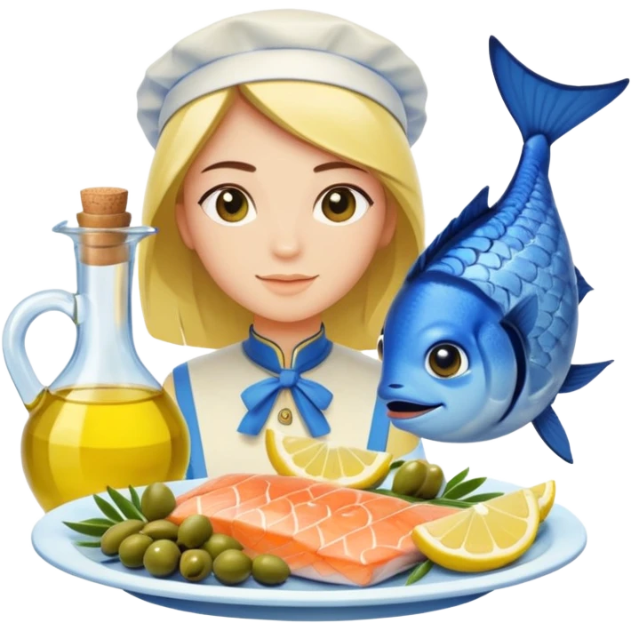 Mediterranean cuisine avatar in clean emoji-style illustration. Olive oil, fish, lemon, blue and sunny colors, light and fresh mood, flat design, high contrast. emoji