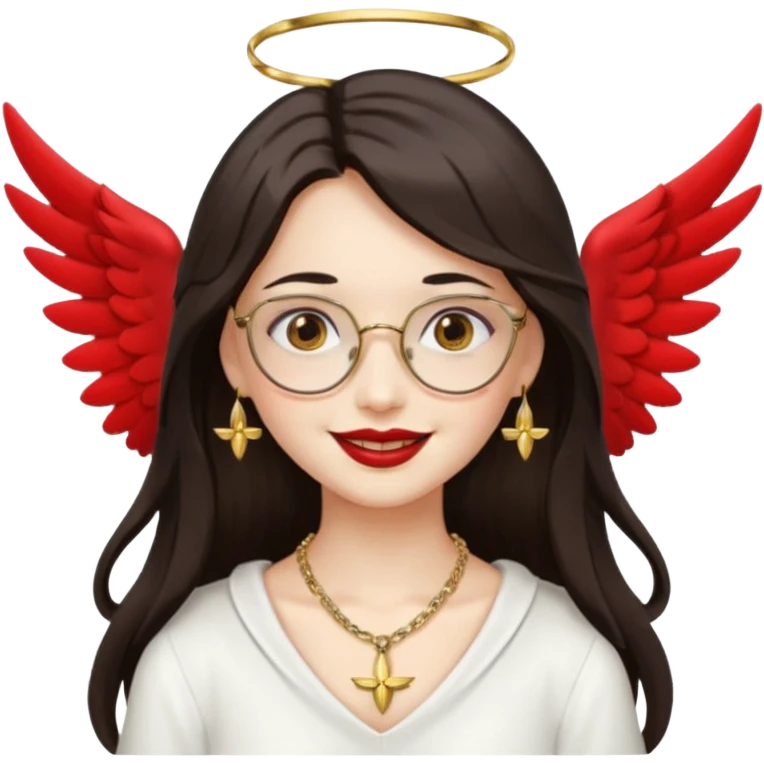 Angel girl with eyeglasses and Middle parted hair long dark hair with red lipstick  and push gold necklaces and dark eyes with withe wings and smile with withe teeth emoji