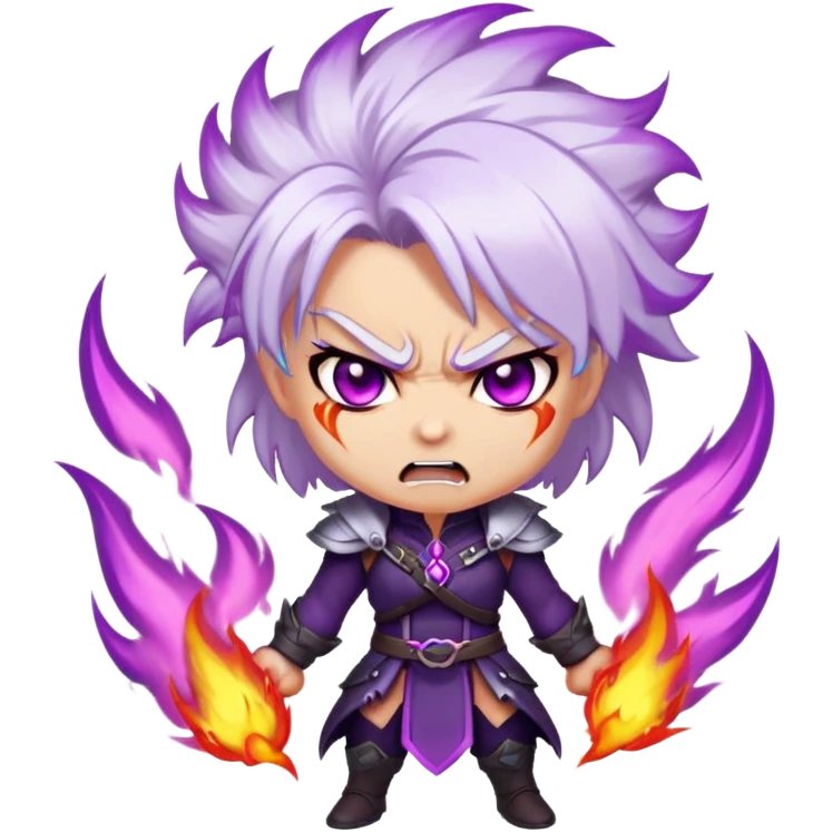 Chibi Sable Ward with rage expression, furious face, glowing purple eyes, white hair with purple streaks, flaming effect around her, angry expression emoji