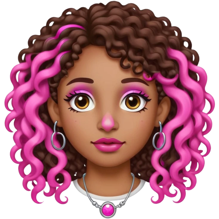 Cabelo grande cacheado, com mecha rosa no lado esquerdo, sou morena, tenho piercing na boca, tenho na sobrancelha, um ponto de luz no lado direito do nariz e do lado esquerdo uma argolinha  emoji