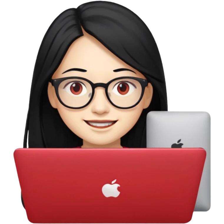 filipino long hair black fair skin with red eyeglasses freelancer with MacBook, smiling. emoji