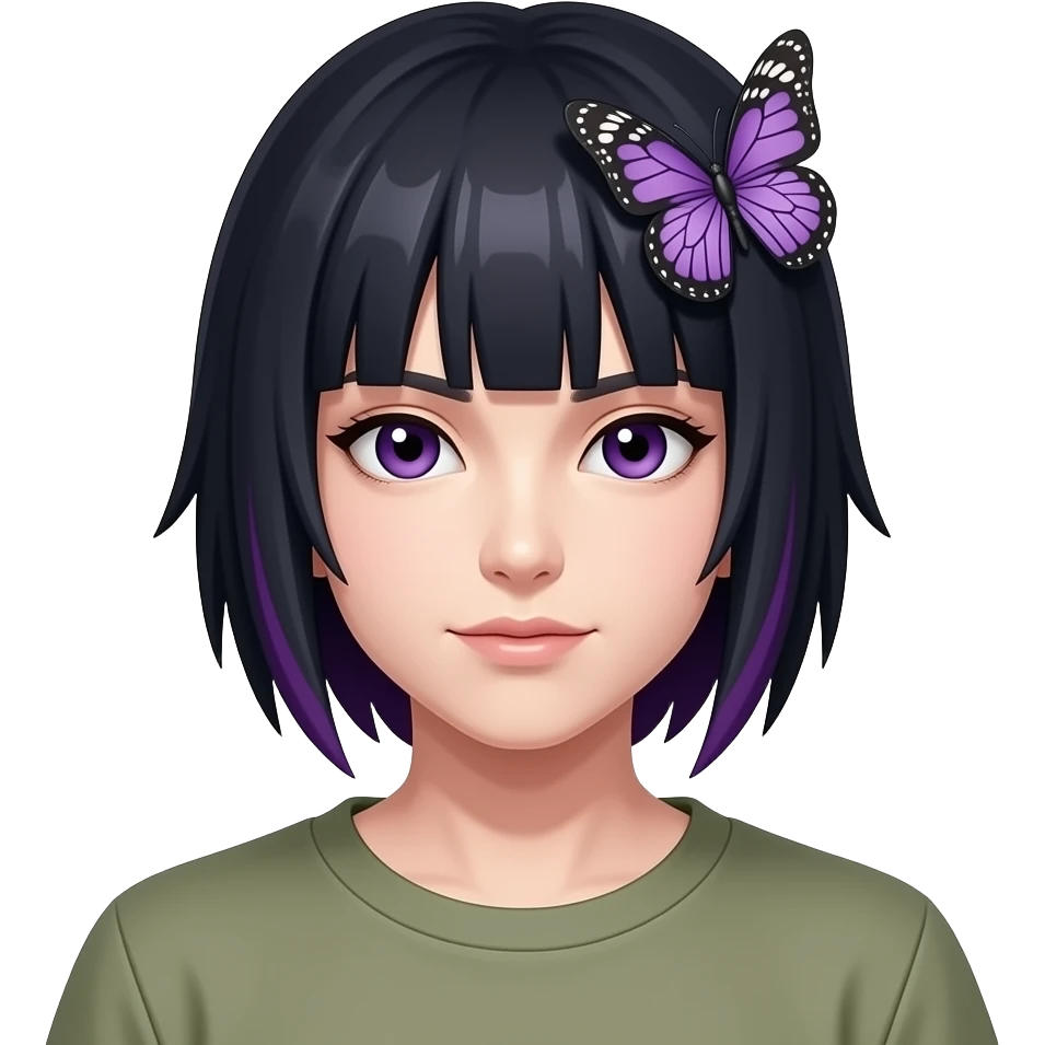 otsutsuki hairstyle purple tips and black hair butterfly clip but the butterfly clip is in the middle emoji