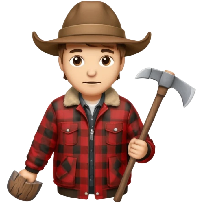 Man wearing buffalo plaid jacket and hat, with an 🪓  emoji