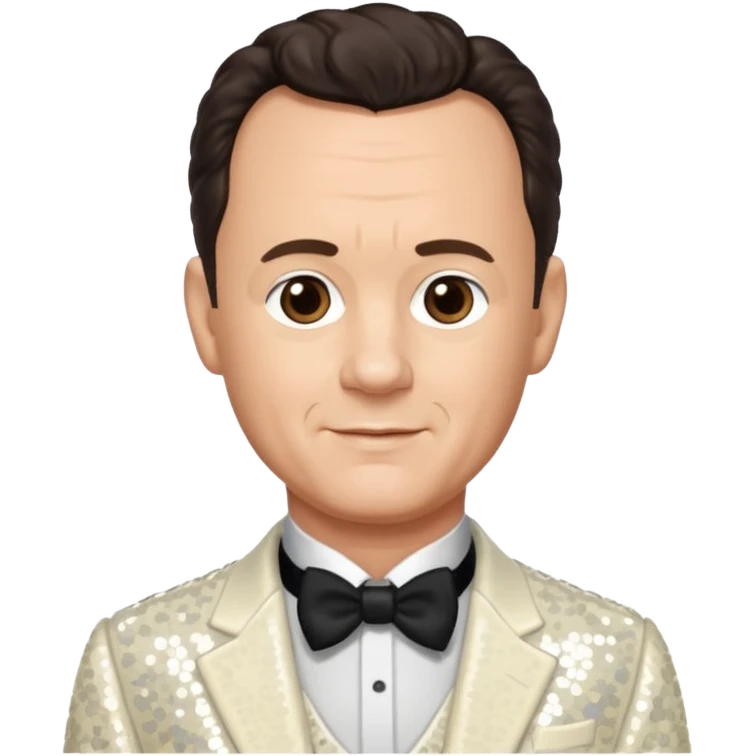 Tom Hanks with dark brown hair, ivory sequin outfit emoji