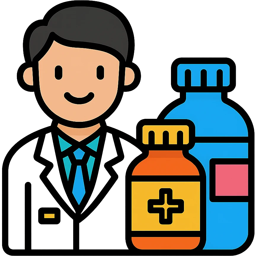 modern pharmacist with white coat and medicine bottles emoji