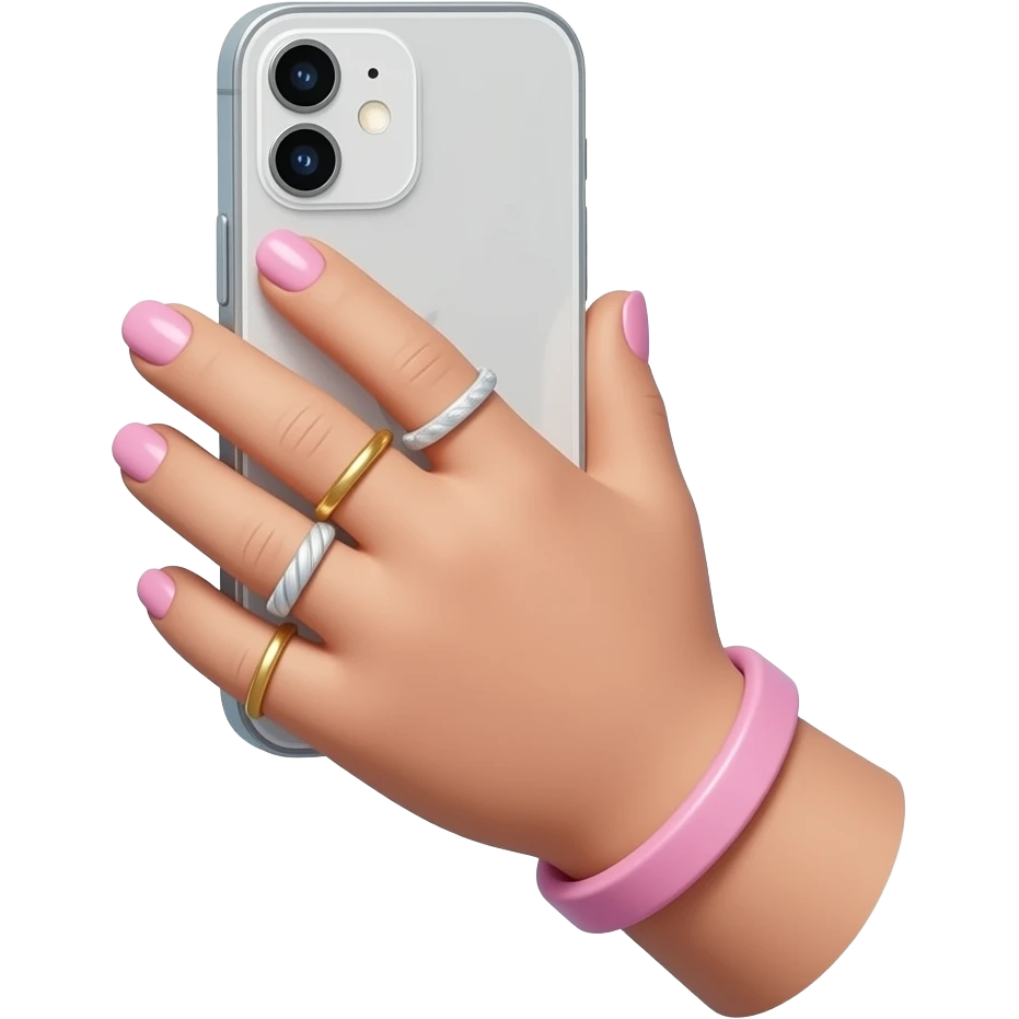 cute girls hand with pastel nails, rings, and accessories. holding iphone emoji