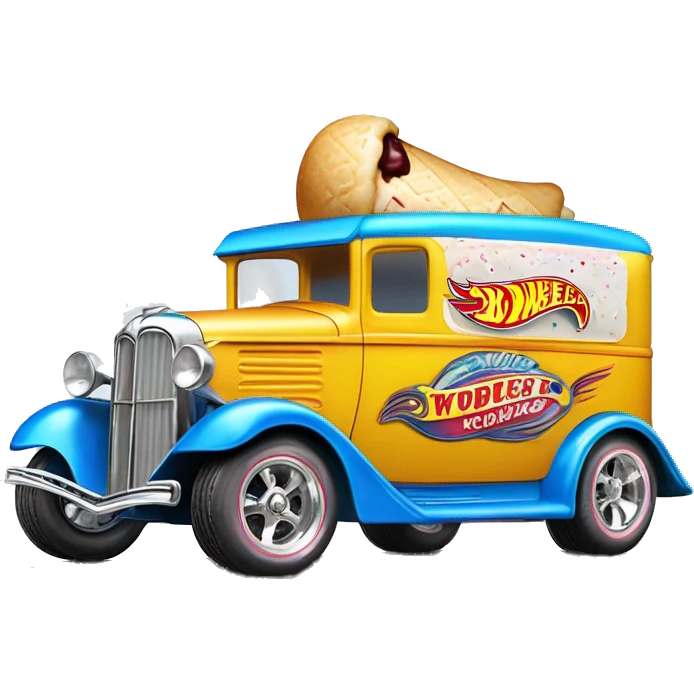 Hot rod, Hot wheels style, ice cream panel truck from 1934 with wide chrome mag wheels, blue, no ice cream on top of truck, open selling window.  emoji