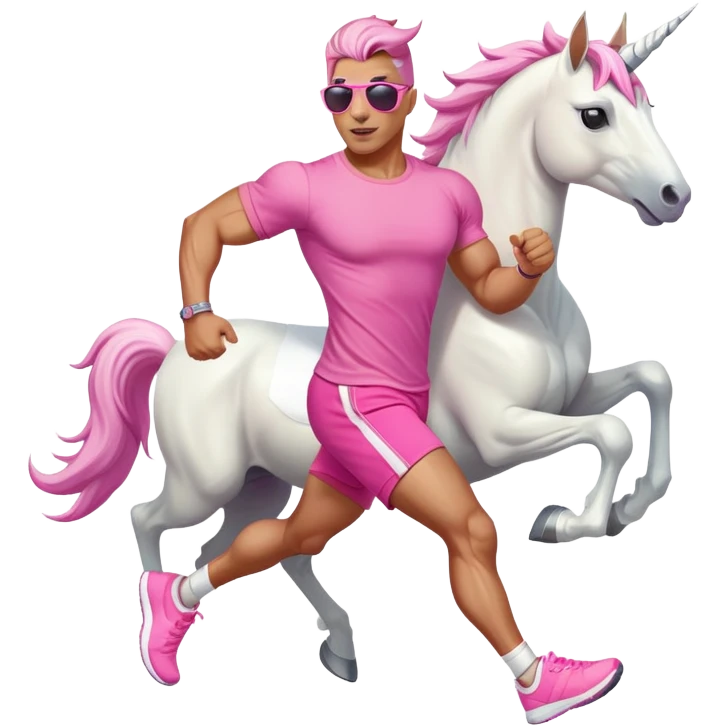 full body friendly anthropomorphised masculine unicorn with white horse-like face, muscular build, wearing pink t-shirt, shorts, trainers, dark sunglasses, running emoji