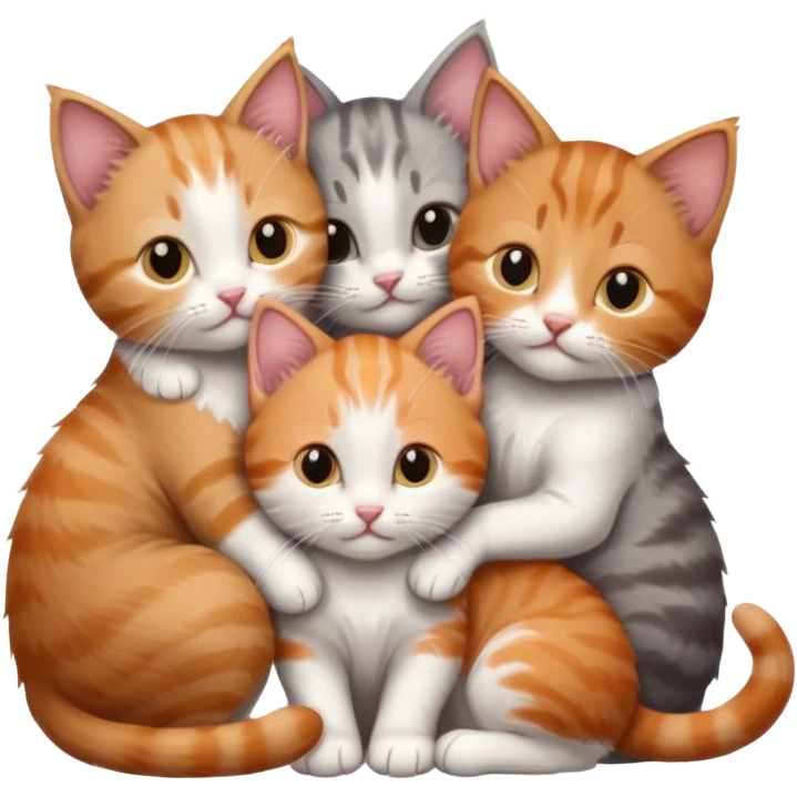 3 kittens cuddling together all different colours, the first one is grey and white, the second is ginger and white and the third is brown tabby and white emoji
