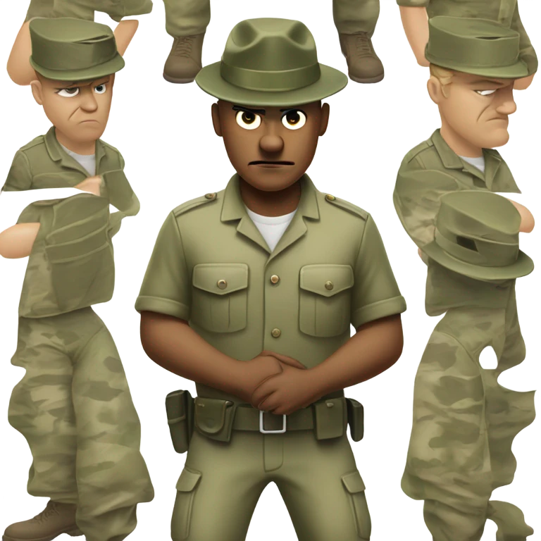 drill sergeant character wearing a classic sergeant hat and a camouflage army shirt. The character should have an angry intense expression. full torso emoji