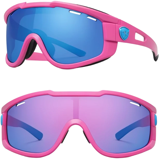 sporty pink shield visor sunglasses with thick ventilated frame, racing style air vents, massive build, one-piece blue tinted lens emoji