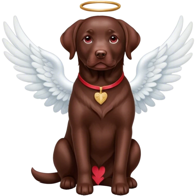 Chocolate Labrador with red color and white angel wings. Dog sits show full body. emoji