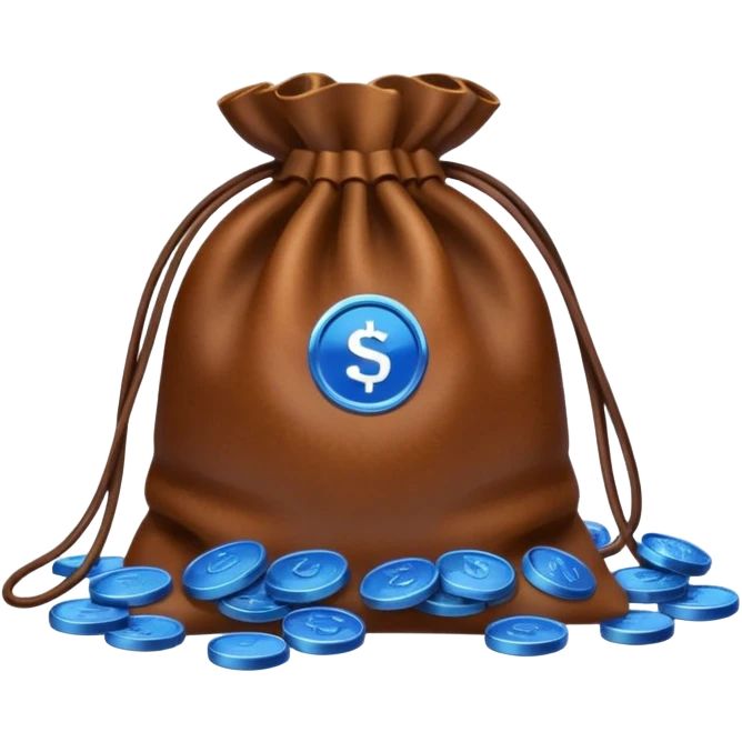 blue coins inside a brown leather bag  emoji