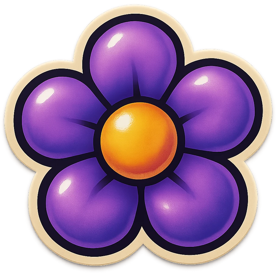 purple flower, cheerful, bold outlines, vintage sticker style emoji