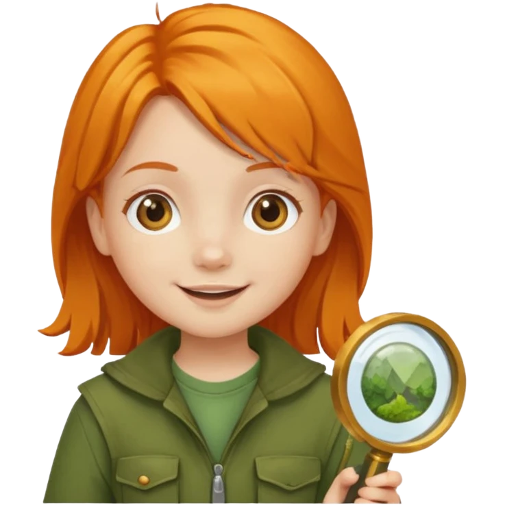braid orange haired girl kid in moss green explorer outfit, holding magnifying glass, smile emoji