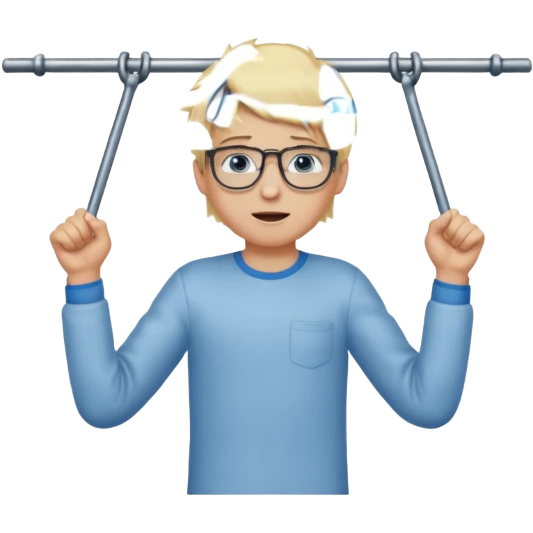 Wygeneruj mi emotke chłopaka o włosach blond z niebieskimi oczami w okularach, który podciąga się na drążku emoji