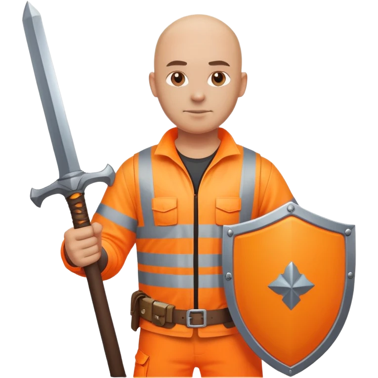 Bald Telecoms engineer in orange hi vis with sword and shield emoji