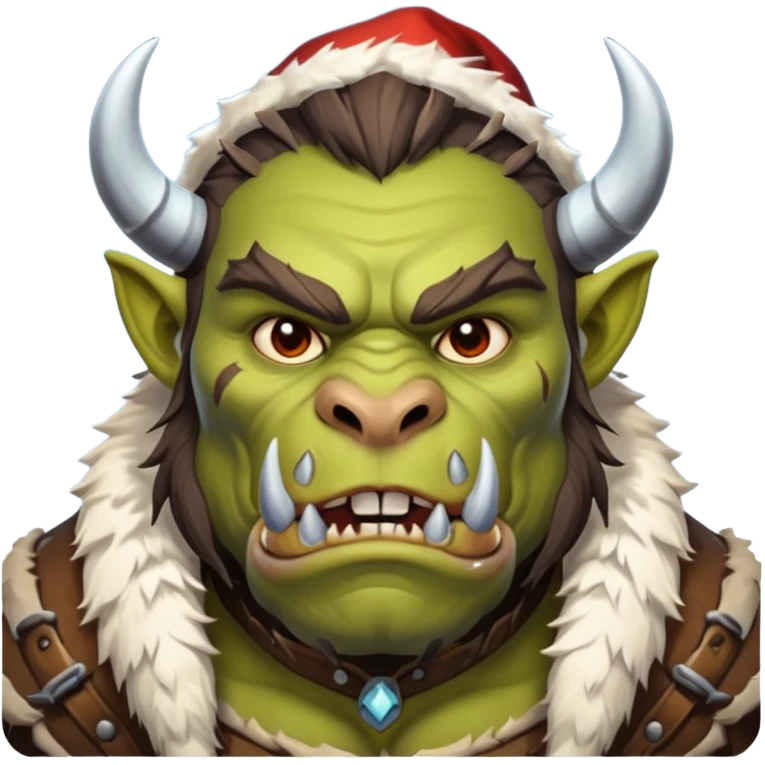 Fantasy Christmas orc beast tamer icon, winter wildlands theme, animal fur details, primal strong face, snowy wilderness atmosphere, stylized emoji portrait, male/female variant
 emoji