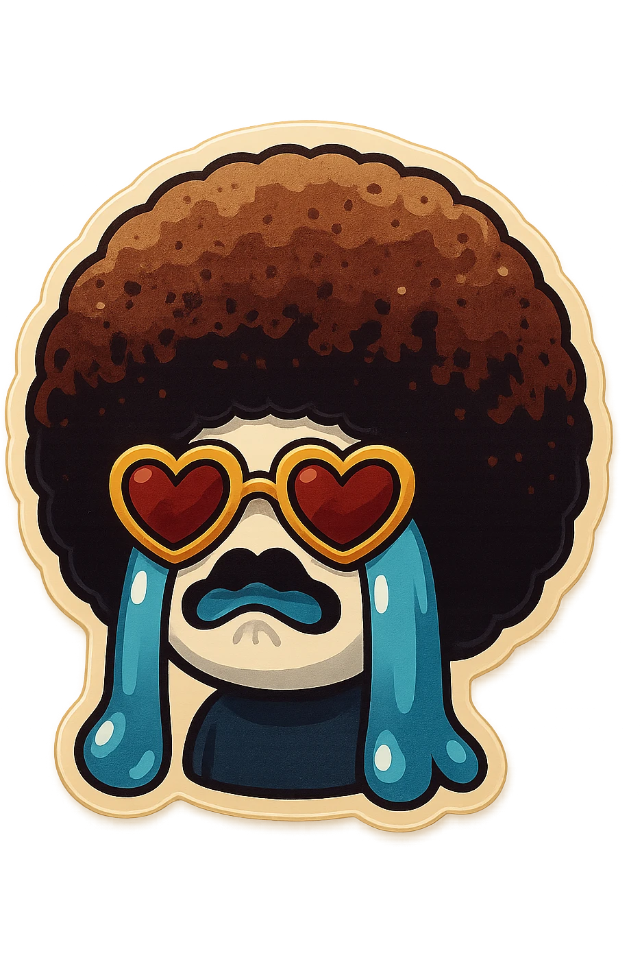 White circle face, afro, heart glasses, Crying with large tears, sobbing, lip quiver emoji
