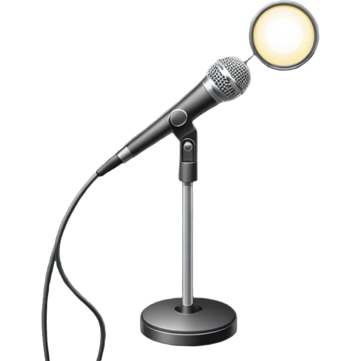 Minimalistic flat vector icon, iOS style, thin black contour on white background. Microphone on a stand with small spotlight rays. Clean, no text, no shadows emoji