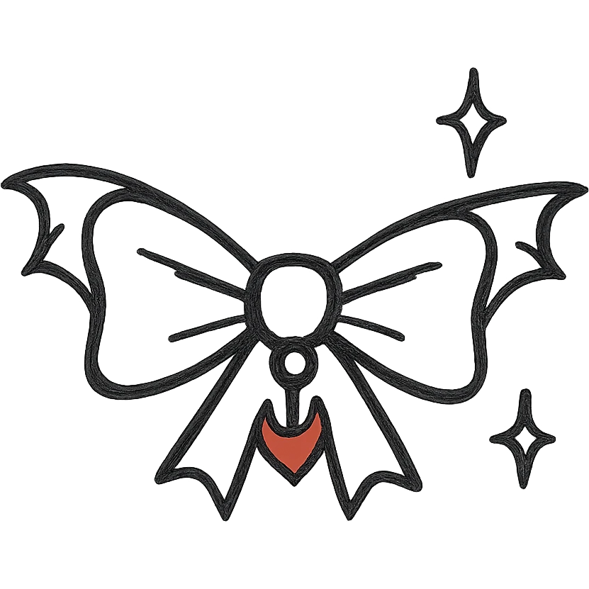 devil bow, minimalist, matte black, sharp edges, small red horn charm, modern dark aesthetic, bat wings, sparkles emoji