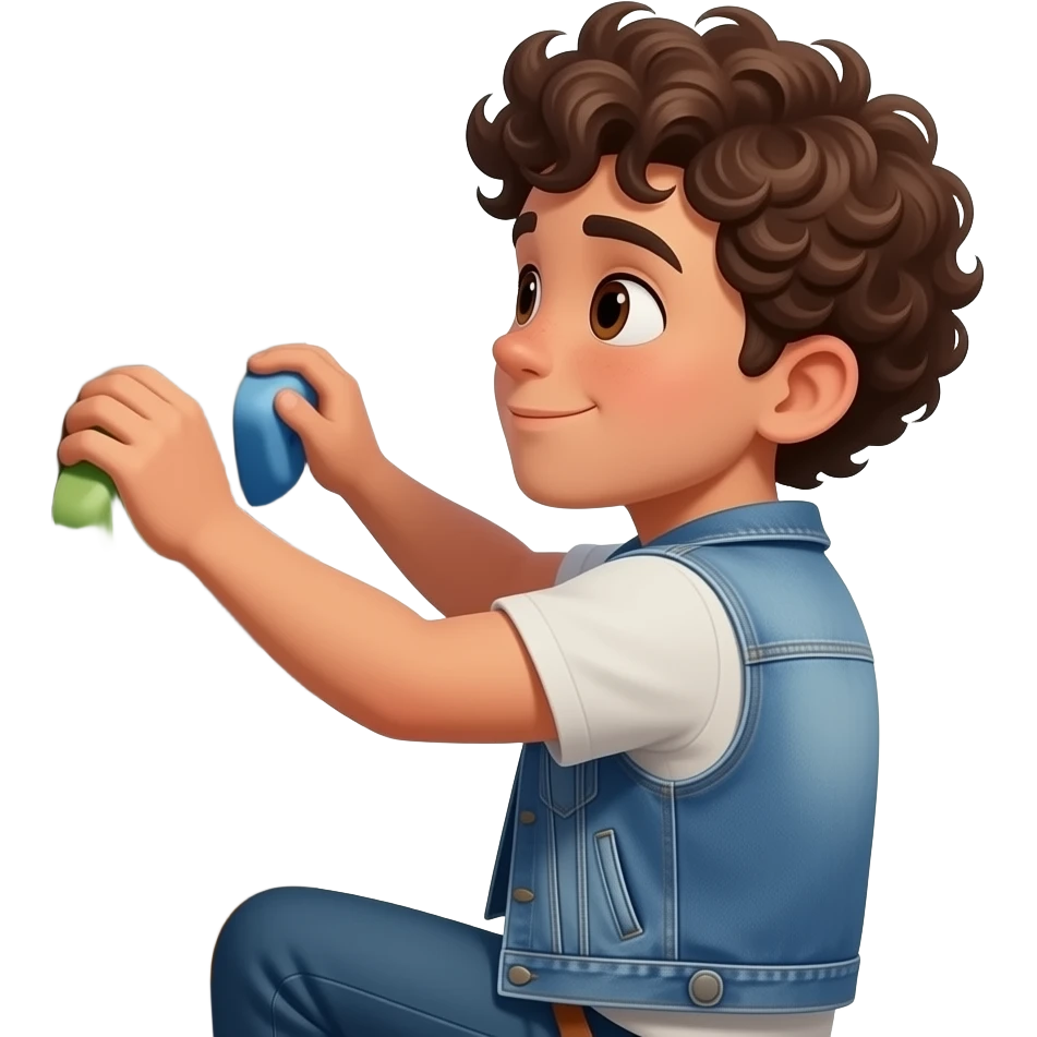 Hazme con el cuerpo entero y que se vea todo el cuerpo. Con pelo rizado hacia abajo, ojos marrones, boca y nariz mediana. Bajito de constitución un poco fuerte, bronceado, que este escalando de espaldas con una camiseta y una chaqueta tejana, doce años, que se le vea solo la espalda y la cabeza. emoji