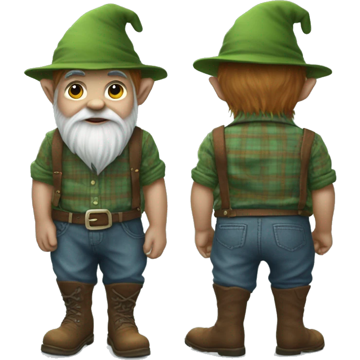 
Full-length gnome, young, with a blue woolen hat, brown boots and a green plaid shirt. The body should be cartoonish and not realistic. emoji