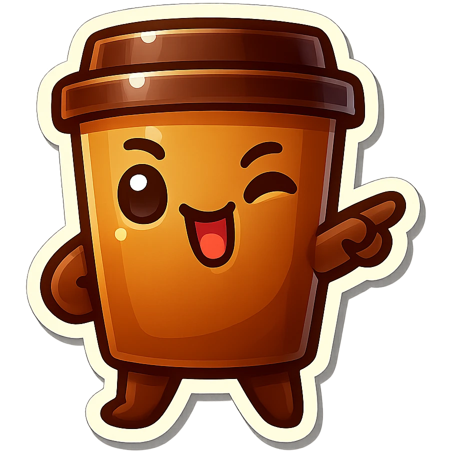 Tall coffee cup, pointing, winking, clinking tongue, cocky emoji