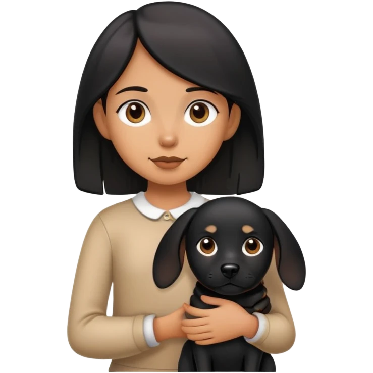 A girl holding a black dog with upright ears emoji