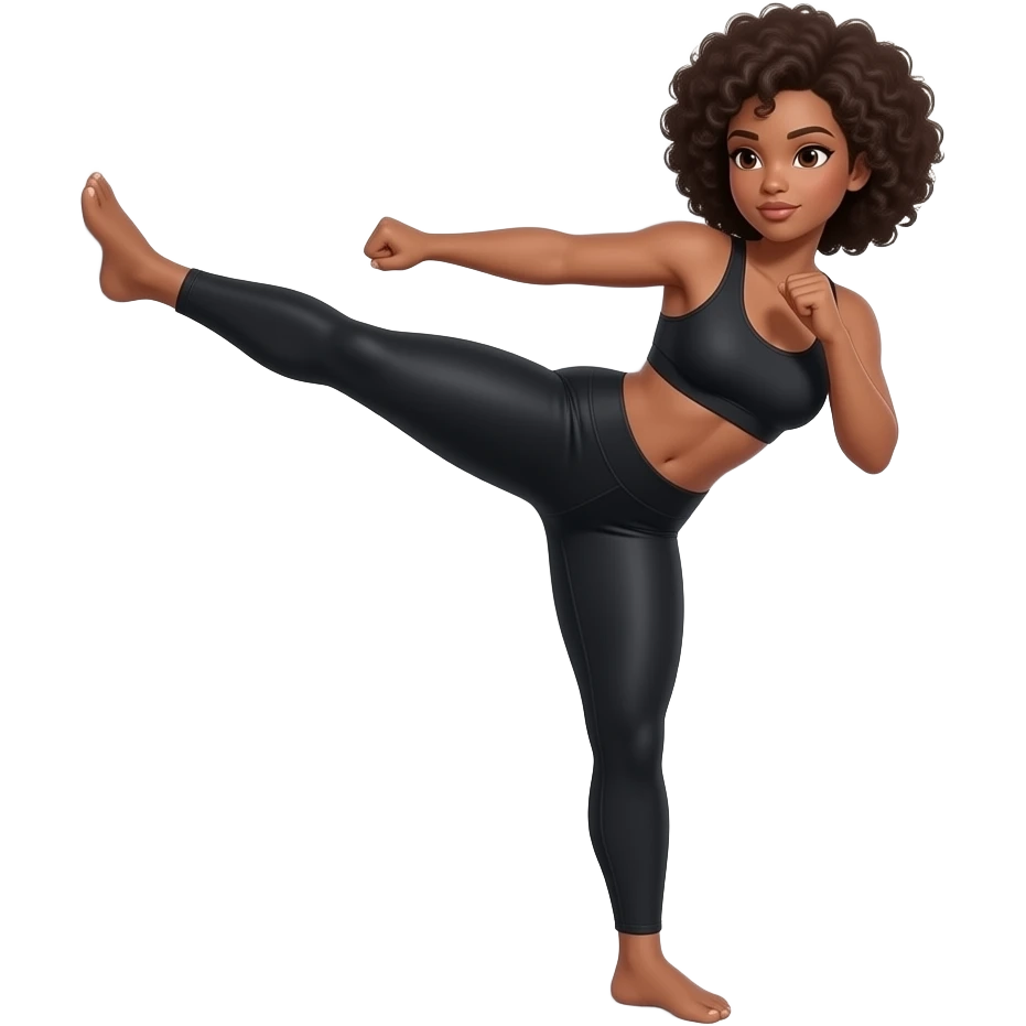 Light-brown Black woman, afro hair, wearing black sports bra and leggings, performing KICKBACK STANDING WALL , full body, toned glutes and legs, strong posture, realistic fitness style, clean background, soft lighting. emoji