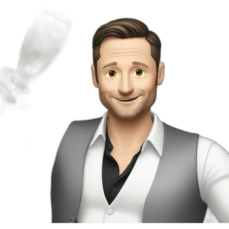 tim robinson dark black slicked back hair white shirt with a light grey vest spraying champagne emoji