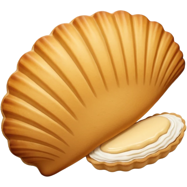 A madeleine pastry. Scalloped seashell shape with ONLY four to five vertical lines going in the same direction. Light golden brown. Scalloped edge. Cookie. Flat. Long. Oval shape. Lets scallops. emoji